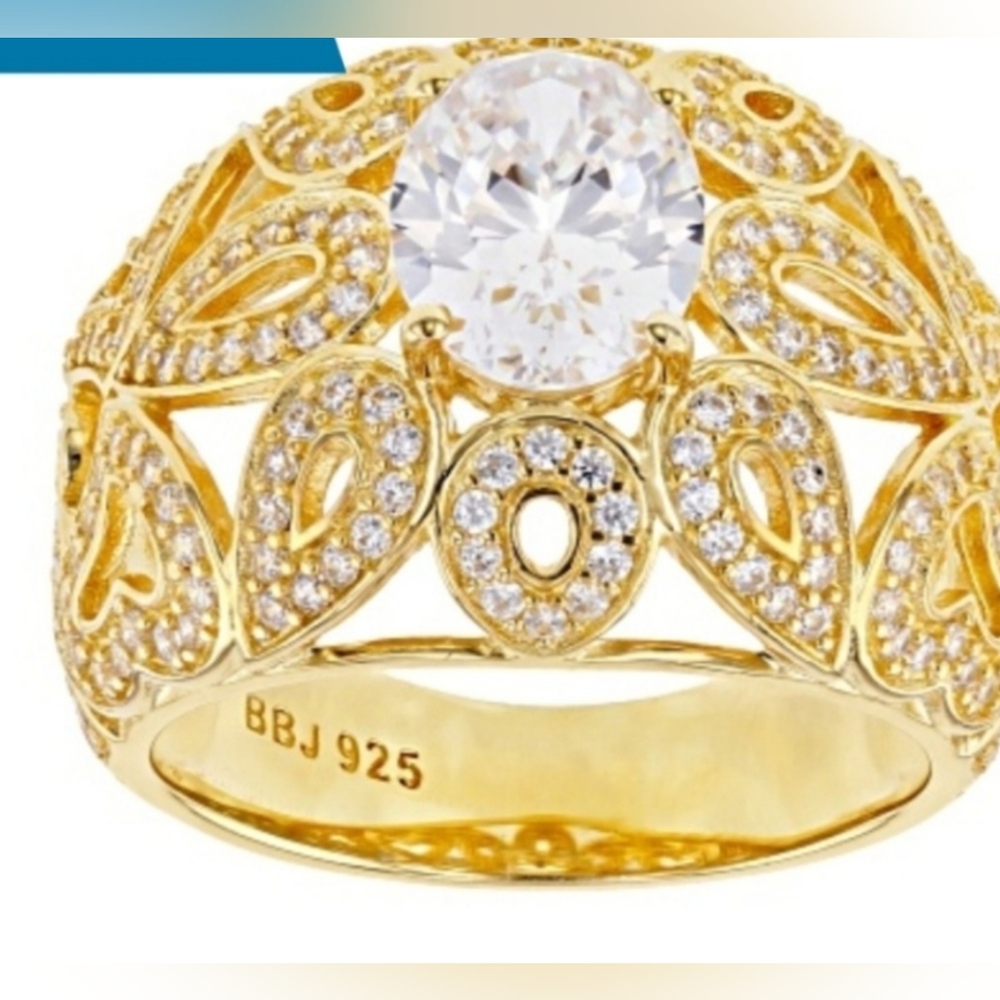 Genuine solid 14k yellow gold over sterling silver cocktail CZ Dome ring 5.25